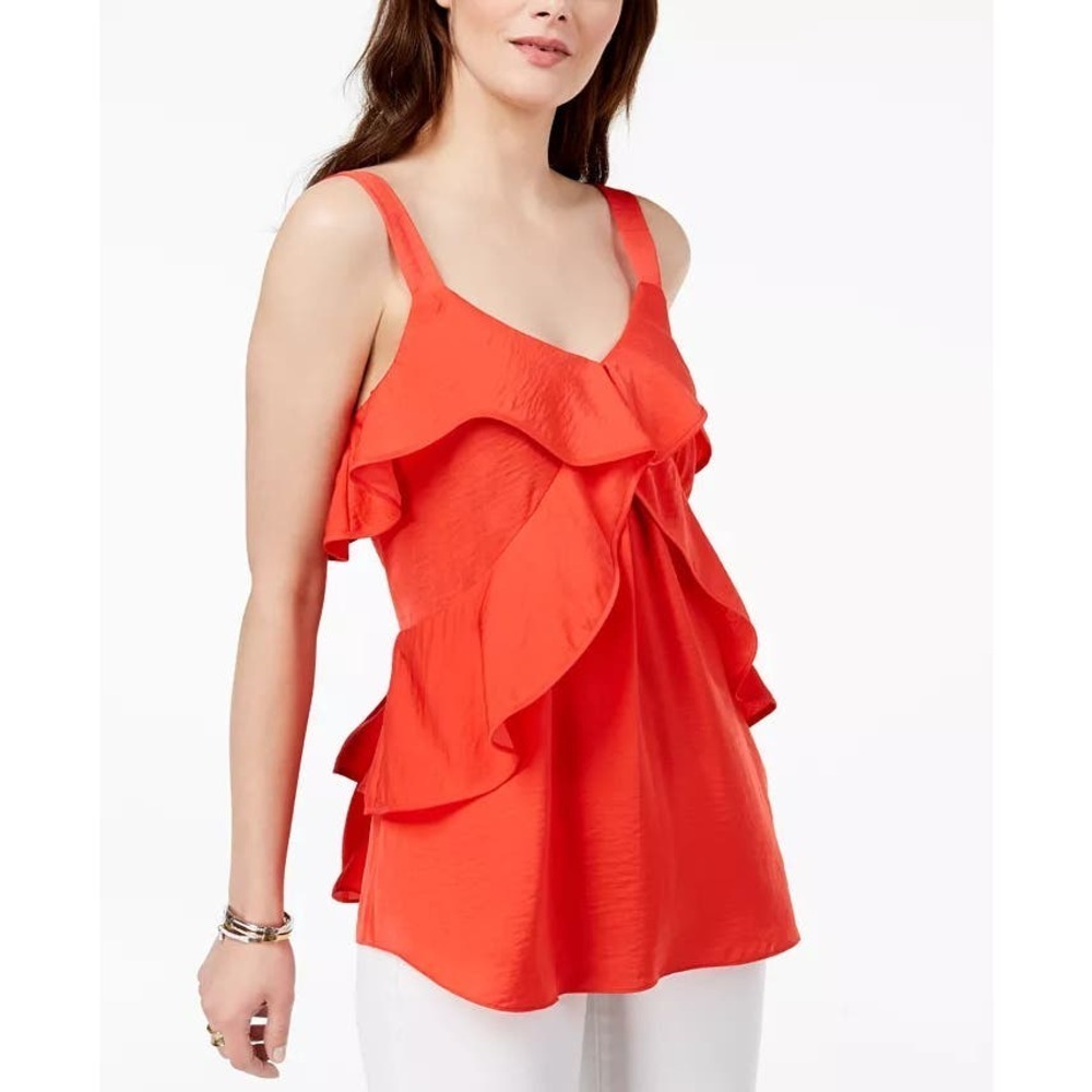 Michael Kors Womens Hammered Satin Ruffle Sleeveless Blouse Size XS Red Top
